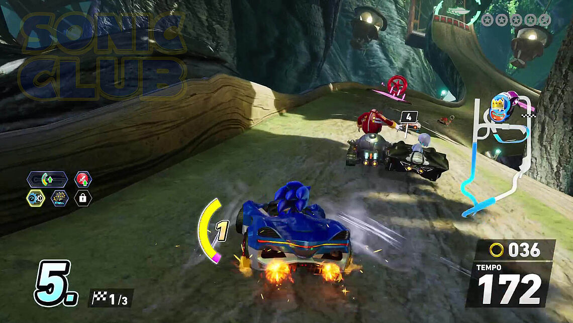 Sonic auf einer Waldstrecke mit mit riesigen Bäumen. Eggman und Sage sind vor ihm..