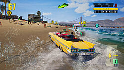 Der Strand und ein Drift halb durch das Wasser, im Hintergrund die Golden Gate Bridge...