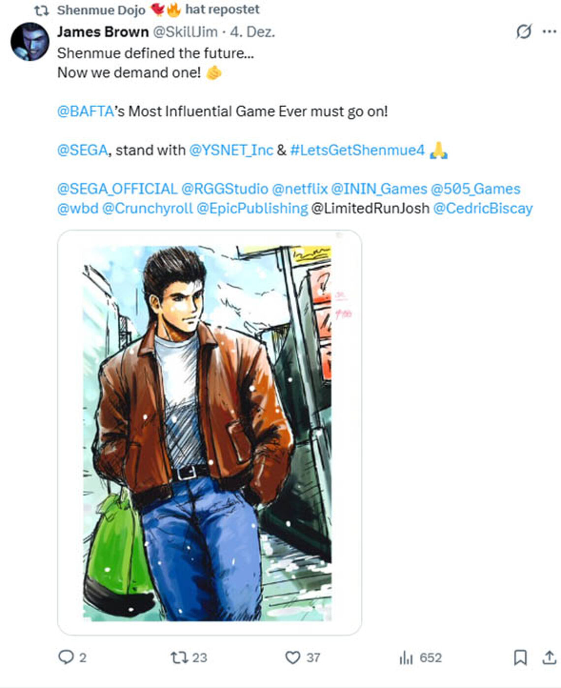 Selbst gemalt: Ryo läuft durch die Straßen - es schneit