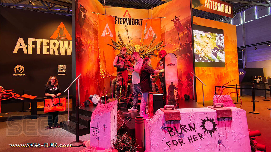 Afterworld: das dunkelrote Design mit Trailerwand und besprühten Steinen: Burn for her!