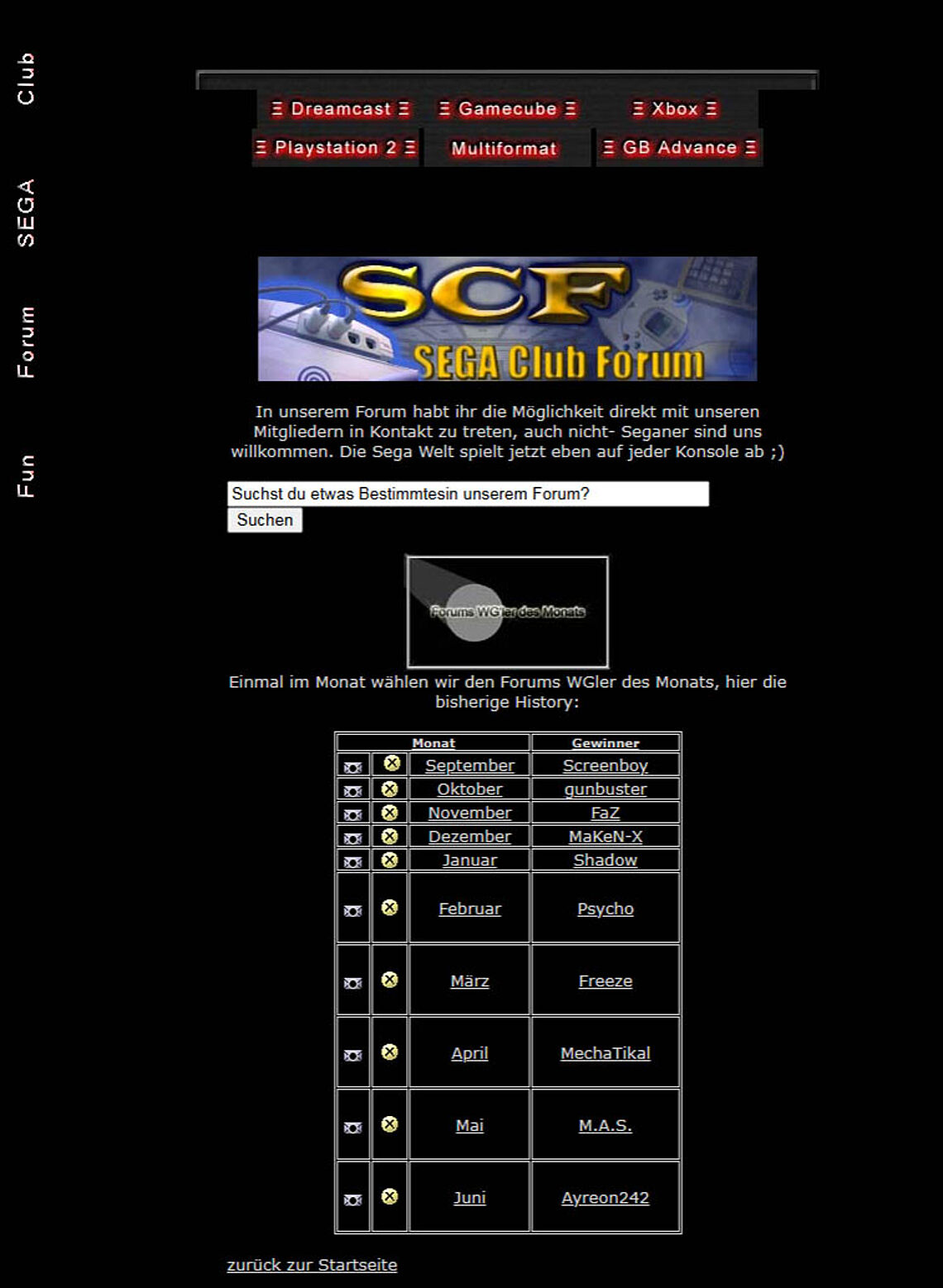 Forum-Banner mit Link zum SCF sowie Wahl der WGler des Monats