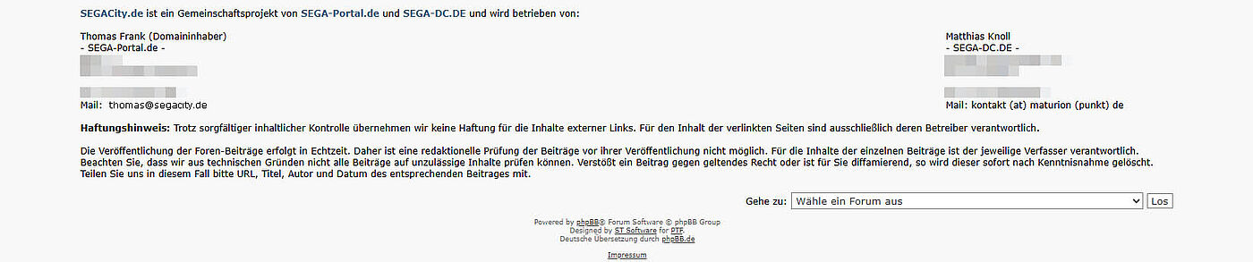Impressum SEGACity nach dem Zusammenschluss mit SEGA-DC.de: Thomas Frank vom SEGA-Portal wird klar als Domaininhaber beschrieben. Zweiter Mann im Impressum ist Matthias Knoll von SEGA-DC.de.