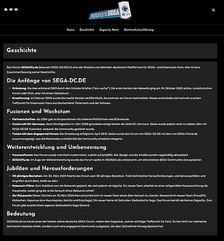 Falsche Geschichte: "Das Forum SEGACity.de (ehemals SEGA-DC.DE) ist..." sowie "Am 30. März 2024 feierte das Forum sein 20-jähriges Bestehen".