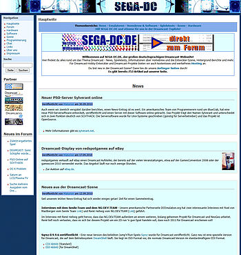 2010: neues, sehr helles Design auf Bildschirmbreite und News zu PSO-Server Sylverant und Dreamcast-Aufsteller auf eBay, Menü nun links und Werbung als größte deutschsprachige Dreamcast-Webseite