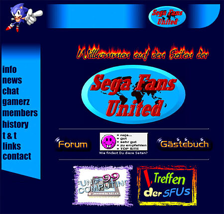 Startseite mit linkem Menü: info, news, chat, gamerz, members, history, t&t, links, contact. Zudem gab es Forum und Gästebuch!