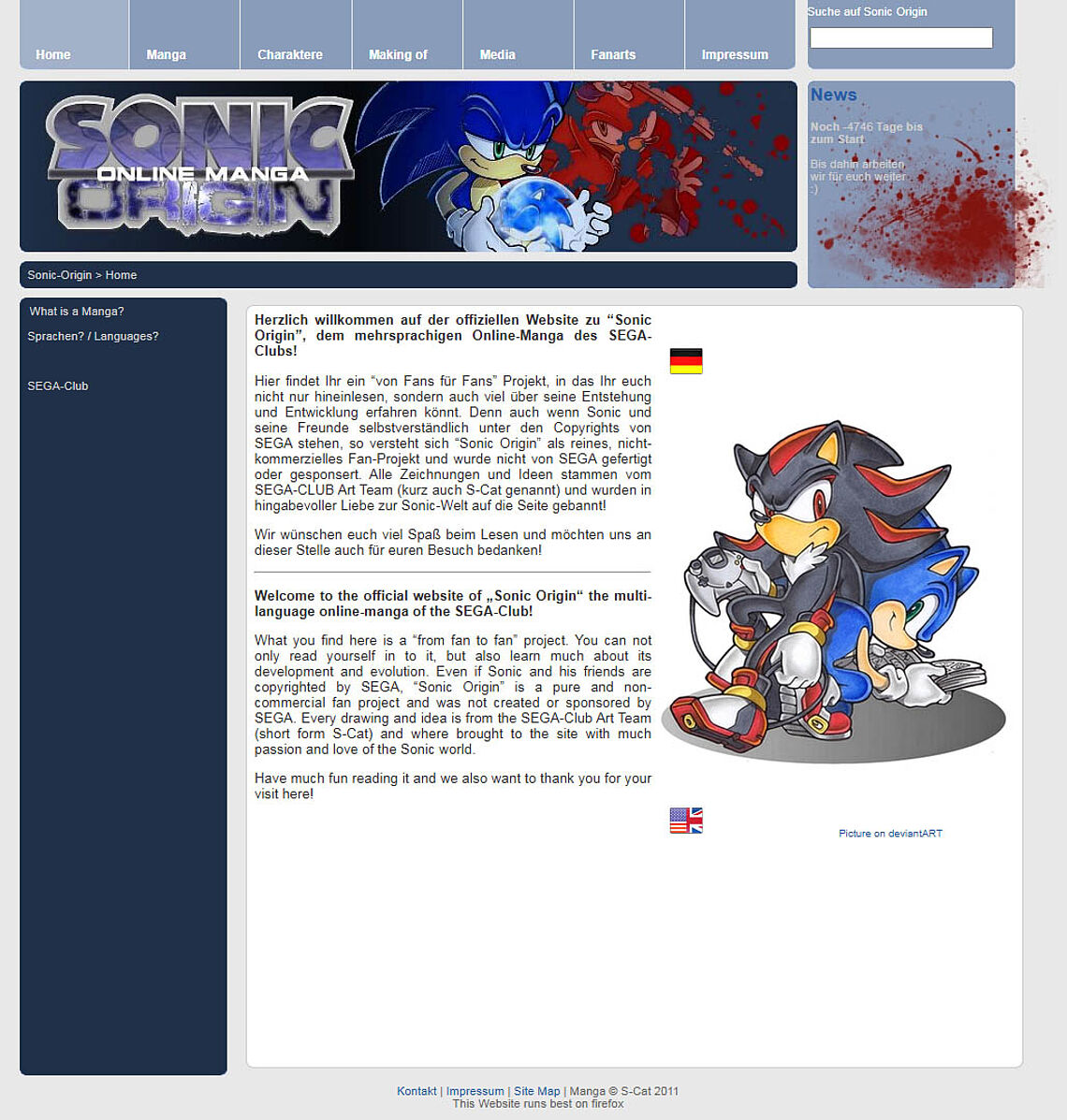 Sonic Origin Manga Startseite: Shadow mit Dreamcast Controller, Sonic liest einen Manga