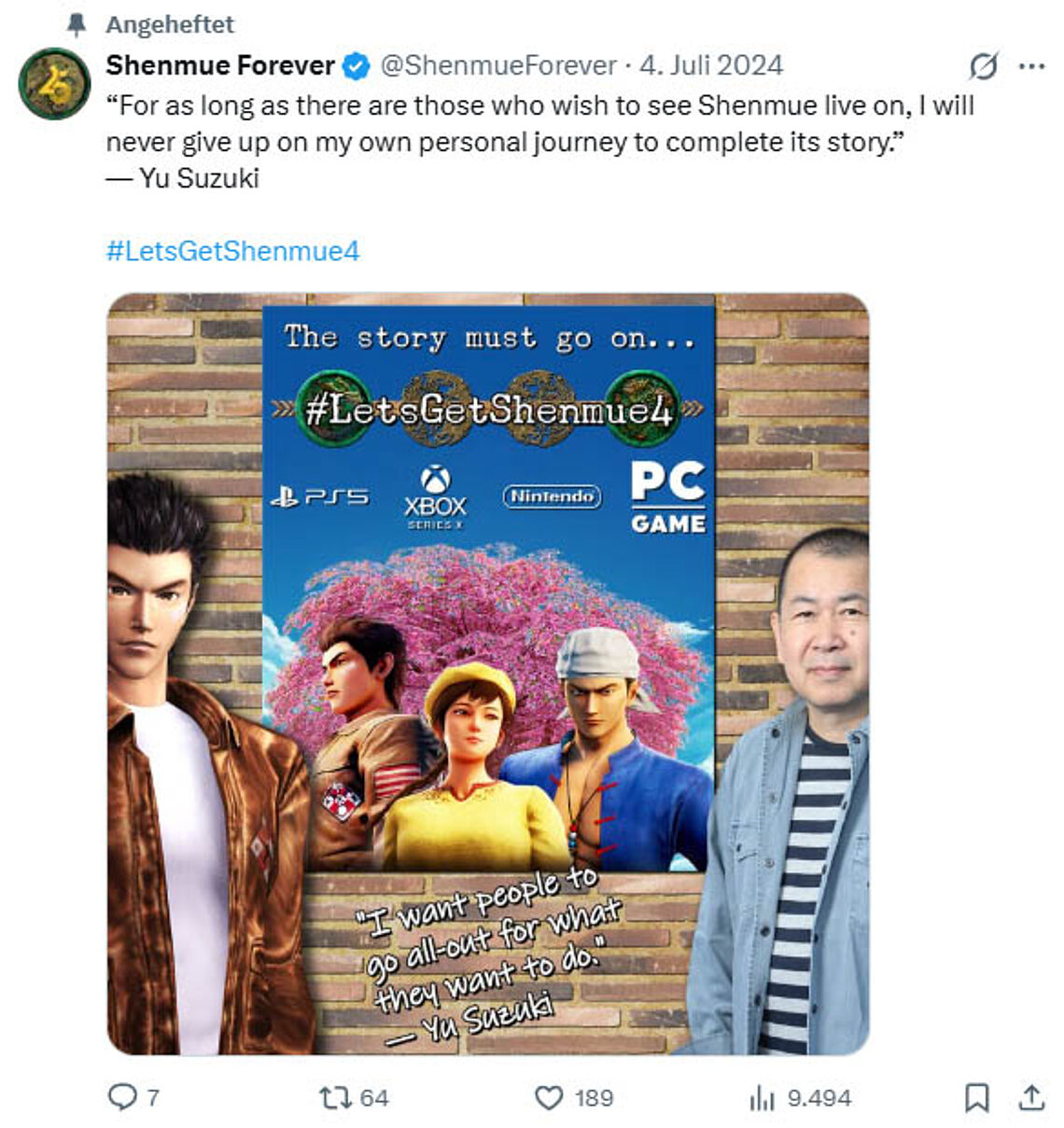 Shenmue Forever: Ryo und Yu Suzuki vor einem Shenmue-Plakat