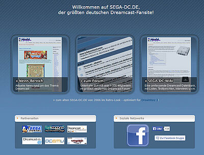 2015: SEGA-DC.de mit Landingpage zur Auswahl: News, Wiki oder Forum. Dazu Partnerseiten und Social Media Auswahl