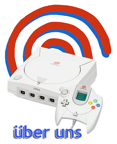 Über uns Bild mit Dreamcast-Konsole, Controller und typischem Dreamcast-Kringel