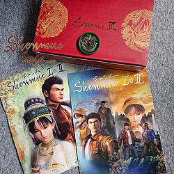 Foto der Shenmue 3 Box samt Phoenix Mirror und Shenmue  1+2 Poster
