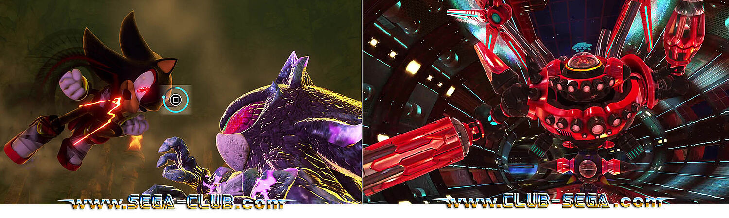 Doppelbild: Shadow im Kampf gegen Mephiles sowie Sonic gegen den Egg Dragoon