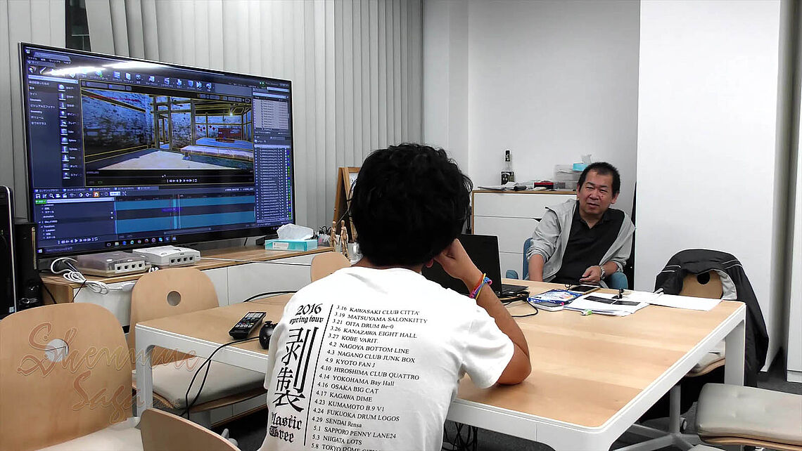 Suzuki und ein Mitarbeiter an einem Arbeitsplatz mit großem TV links von ihnen samt zweier Dreamcast-Konsolen