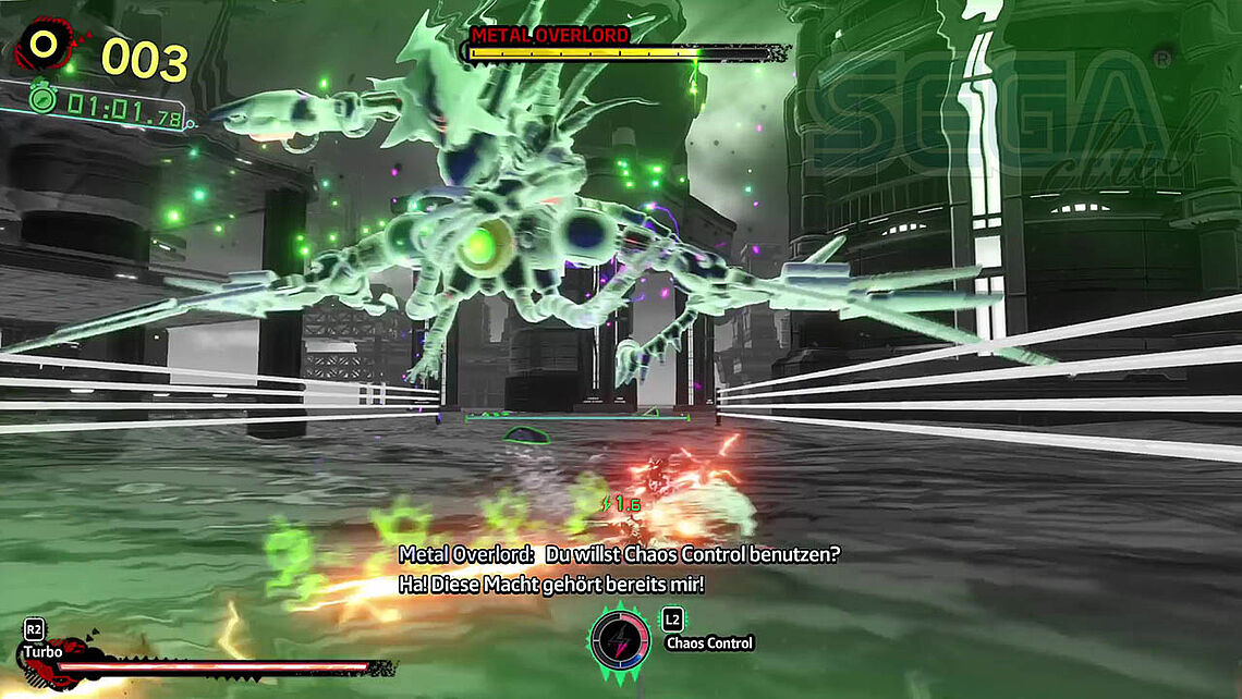 Shadow nutzt Chaos Control, doch dies hat keine Wirkung auf Metal Overlord