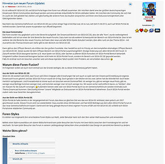 Hinweise zum Foren-Zusammenschluss in 2012: Das seit 2007 geschlossene SEGA-Portal-Forum bringe demnach viele Nutzer ein...