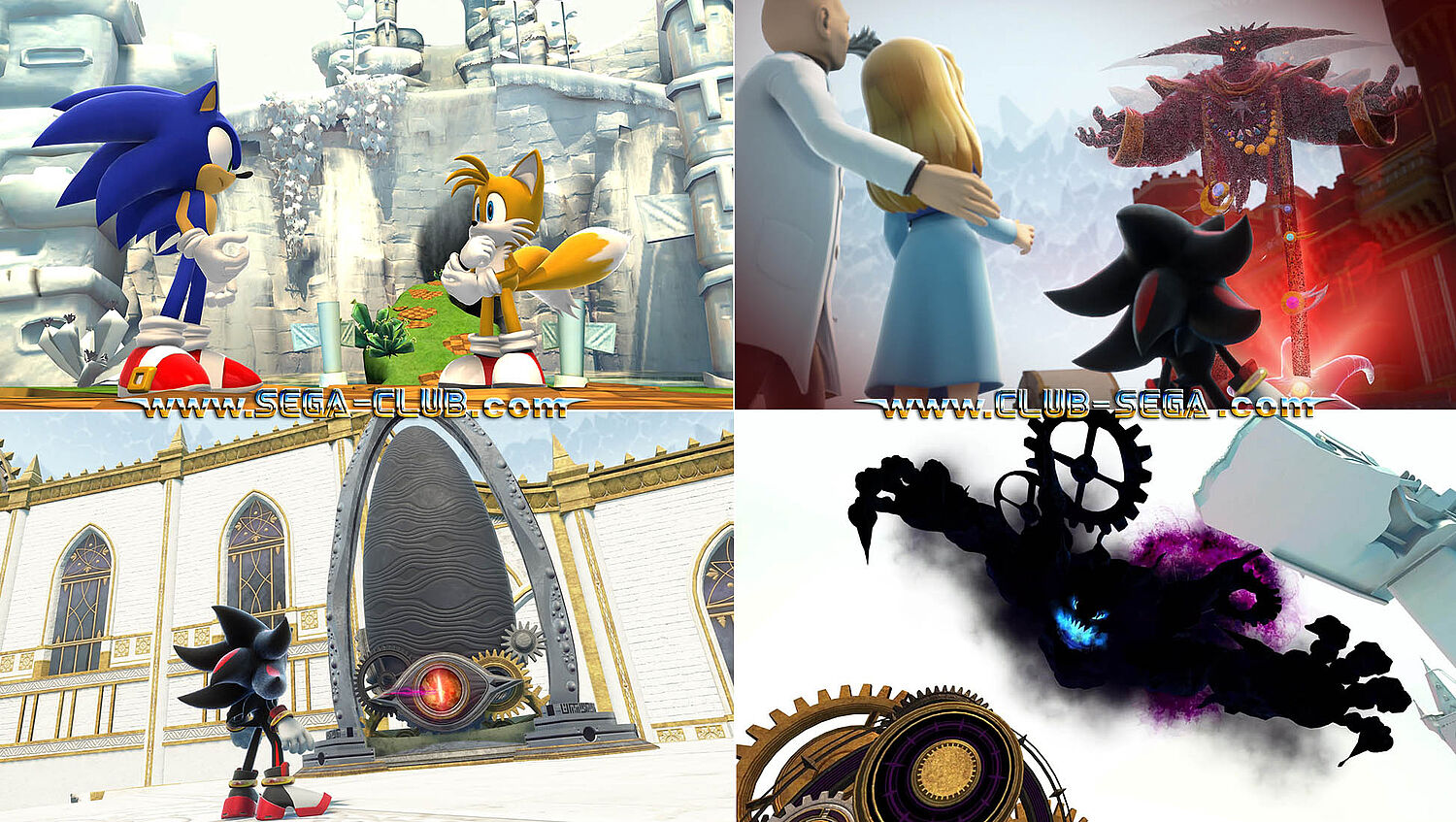 Viererbild im weißen Raum: Sonic und Tails, Maria und Gerald mit Black Doom, Shadow vor einem Monument, Time Eater