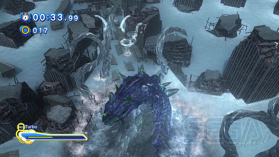 Blick auf Perfect Chaos von der Vogelperspektive aus auf die zerstörte Stadt