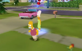 Simpsons Screenshot: zeigt Homer und Marge mit noch falschen Farben: pink Haare oder rotes Shirt