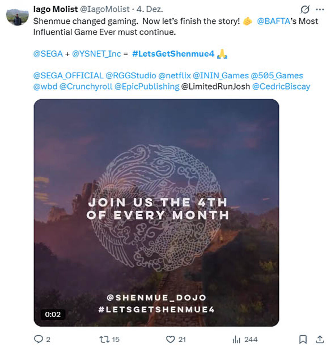 Join us the 4th of every month Animation by Shenmue Dojo