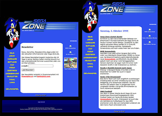 Zusammenschnitt: SEGA-Zone Webseite aus 1999 mit News vom 03.10.1999, dem Newsletter und Copyright für Rührig und Meyer