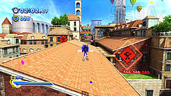 Modern Sonic auf den Dächern mit vielen Ballons im Hintergrund und mehreren roten Warnschildern 