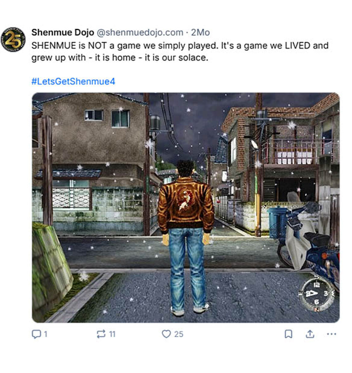 Shenmue is not a game we simply played. It's a game we ived and grew up with - it is home - it is our solace. Bild mit von Ryo in Winderlandschaft