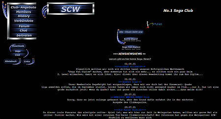 SCW-Webseite 2001: schwarz und als No.1 Sega Club vermarktet