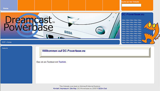 Orange und blau: das CMS des Clubs in neuem Layout für Dreamcast Powerbase
