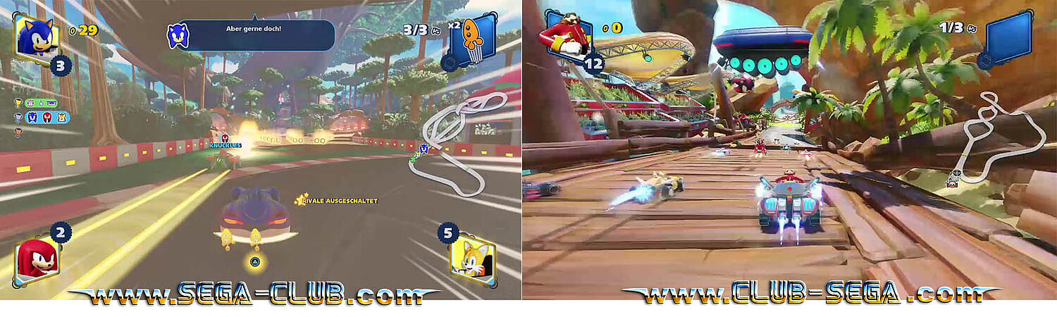 Doppelbild: Sonic kann den Super Turbo einsetzen. Eggman startet sein Rennen auf dem 12. Platz!