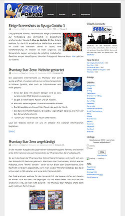 Wordpress mit kompletten News, auf der rechten Spalte ist SEGACity prominent verlinkt als "Die deutsche SEGA-Communtiy!" (inkl. Rechtschreibfehler im Logo)